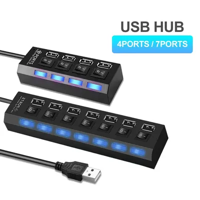 USB 허브 4/7 포트 ON/OFF 스위치가 있는 다중 확장기 멀티 USB 분배기 허브 4포트 7포트 어댑터 컴퓨터 액세서리