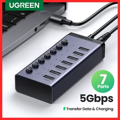 UGREEN USB C 허브 7포트 USB3.0 분배기(개별 OFF/ON 스위치 포함) 데스크탑 PC 노트북 USB 포트 확장기용 LED 표시기