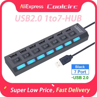고속 7포트 USB 허브 2.0 어댑터 확장기 멀티 USB 분배기 다중 확장기 LED 램프 스위치 포함 PC 노트북용