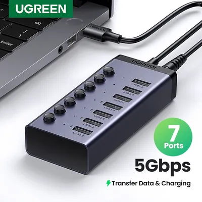 UGREEN USB 허브 7포트 USB3.0 스플리터 5Gbps 개별 스위치 전원 어댑터 포함 PC 노트북 USB 포트 확장기 USB-C 도킹 스테이션